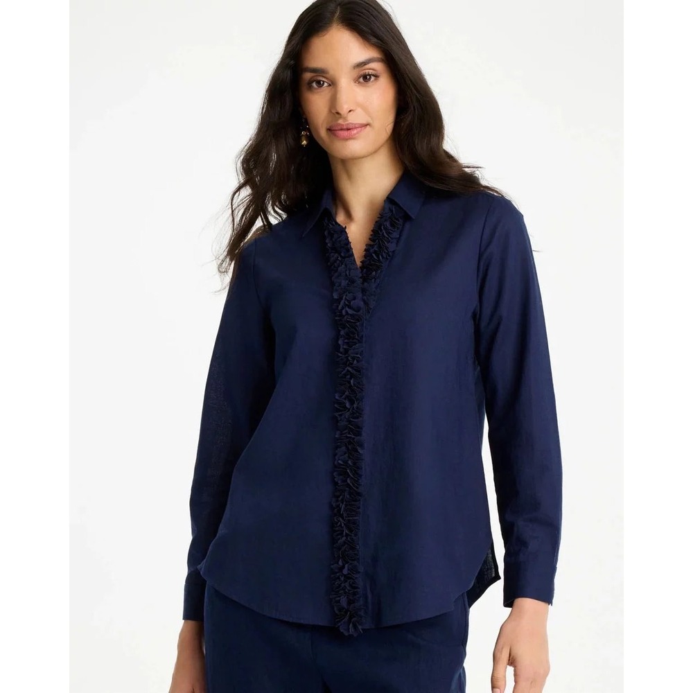 Chicos Linen Flower Embellished Shirt 3 US 16 Coastal Breathable Button Up Work